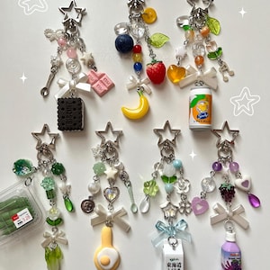 Japanese Food and Drink Eraser Gashapon Beaded Keychains, fruit charm, small Gifts, Kawaii Accessories