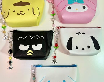 Kawaii Sanrio zipper pouch with beaded keychain, small zipper case, keychain accessories, mini coin purse, san-x