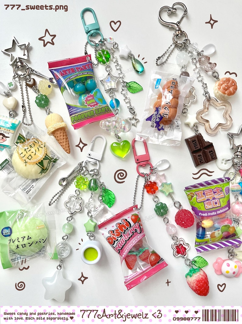 Japanese Candy and Food Squishy Gashapon Beaded Keychains, Fruit Charm ...
