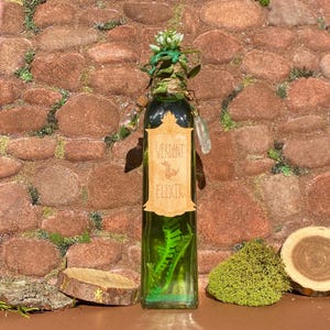 Könnte beinhalten: Eine dekorative Glasflasche gefüllt mit grüner Flüssigkeit und einem Farn. Die Flasche hat ein Etikett mit der Aufschrift "Verdant Elixir". Die Flasche ist mit einem grünen und braunen Blumenarrangement und einem klaren Kristall verziert. Der Hintergrund ist eine Backsteinmauer.
