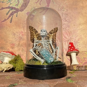 Puede incluir: Un terrario caprichoso con una figura de esqueleto con alas de mariposa, sosteniendo una botella llena de cristales azules. El esqueleto está encerrado en una cúpula de cristal sobre una base negra, con una figura de hongo cerca.