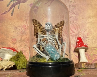 Skeleton Fairy Terrarium With Pixie Magic Jar—Gothic Specimen Dome | Bone Fairy Figurine, Oddity Collectible, Dark Fae Decor