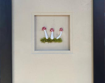 Mushroom Shadow Box Wall Art – Handmade Miniature Toadstool Diorama – Cottagecore Woodland Decor