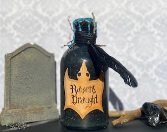 Raven’s Draught—Gothic Fantasy Potion Bottle | Dark Collectible, DnD Prop, Cosplay Accessory, Glass Apothecary Decor