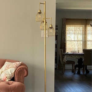 Floor Lamp, Industrial Floor Lamp, Gold Tree Standing Tall Lamps , Lamps with 3 Elegant Teardrop Cage Head