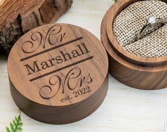 Wedding Ring Box-Personalised Two Size Black walnut Linen wooden ring box-Engraved Wood Ring Box for Engagement-Custom Rustic Ring Holder