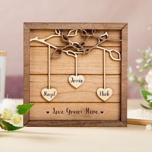 Personalized Wooden Family Tree Decor-Custom Wooden Tree Frame-Tree Decor for Christmas-Engraved Custom Hearts-Adoption Gift-Hanging Hearts