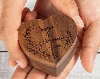Engraved Heart Ring Box-Personalised Heart Black walnut wooden ring box-Custom Rustic Ring Holder-Wedding Ring Box-Wedding Gift