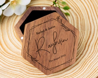 Personalised Hexagon Wedding Ring Box-Engraved Black walnut Ring Box-Custom Ring Holder-Wedding Gift-Ring Bearer Box for Wedding Ceremony