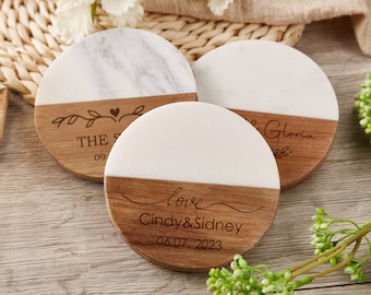 Custom Coasters Engraved Marble Wood Coaster Set,Personalized Gift for Housewarming,Wedding,Engagement,Valentines,Personalized Coaster Set