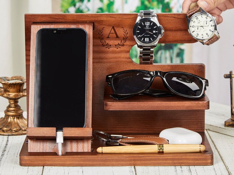 Custom Engraved Wooden Docking Station Phone Station Personalized Men Gift for Husband Gift Boyfriend Christmas Gift for Him Father Gift image 6