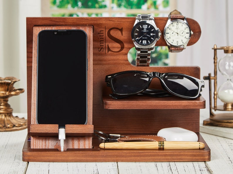 Custom Engraved Wooden Docking Station Phone Station Personalized Men Gift for Husband Gift Boyfriend Christmas Gift for Him Father Gift Brown