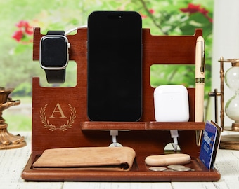 Custom Docking Station For Men,Wooden Docking Station,Gift for Him Boyfriend,Desk Organizer,Gifts for Dad,Father's Day Gift Wood Phone Stand