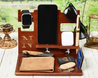 Engraved Docking Station Wooden Charging Station Organizer Personalized Docking Station Custom Mens Desk Organizer Wood Phone Stand Dad Gift