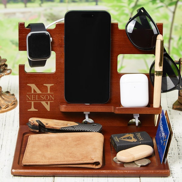 Engraved Docking Station Wooden Charging Station Organizer Personalized Docking Station Custom Mens Desk Organizer Wood Phone Stand Dad Gift