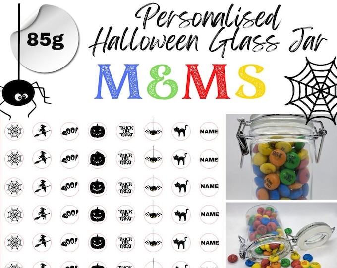 Halloween Theme Glass Jar Personalised Chocolate M&Ms - Printed with edible ink - your choice of name - Perfect Halloween Gift 31st October