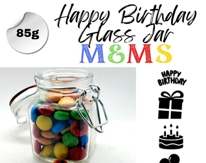 Happy Birthday Chocolate M&Ms, presented in Cute Glass Jar, Perfect Small Birthday Gift, Sweet Candy Gift for Colleague, Friend, Partner.