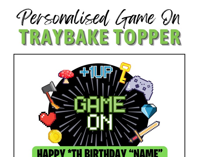 Gamer Design A4 Edible Traybake Cake Topper printed with edible ink, your choice of name and age. Fits shop bought traybakes.