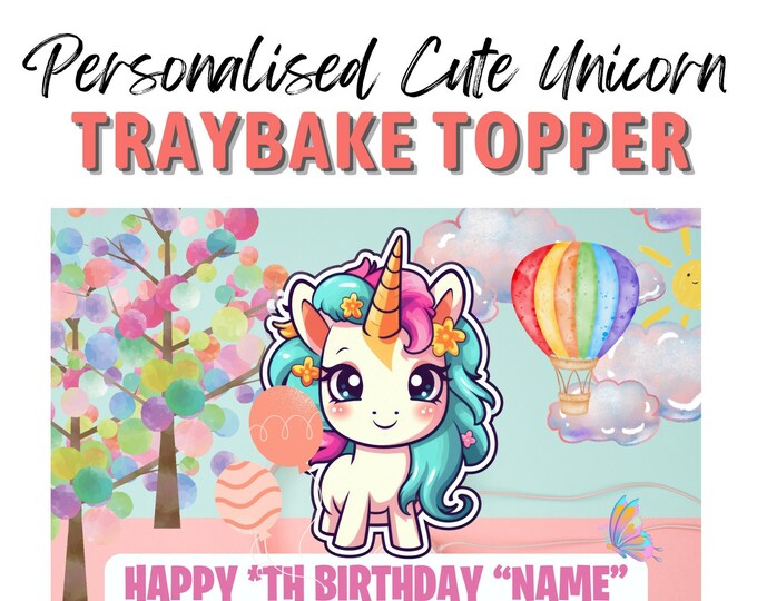 Cute Unicorn Design A4 Edible Traybake Cake Topper printed with edible ink, your choice of name and age. Fits shop bought traybakes.