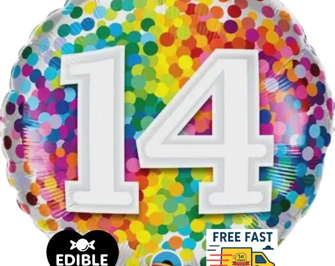Rainbow Confetti Foil Number 14 Balloon - Qualatex - 18" round Balloon for Helium or Air