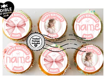 Personalised Pink Bow Photo Birthday Cake Toppers matching Invitations Stickers Balloon Party Pack