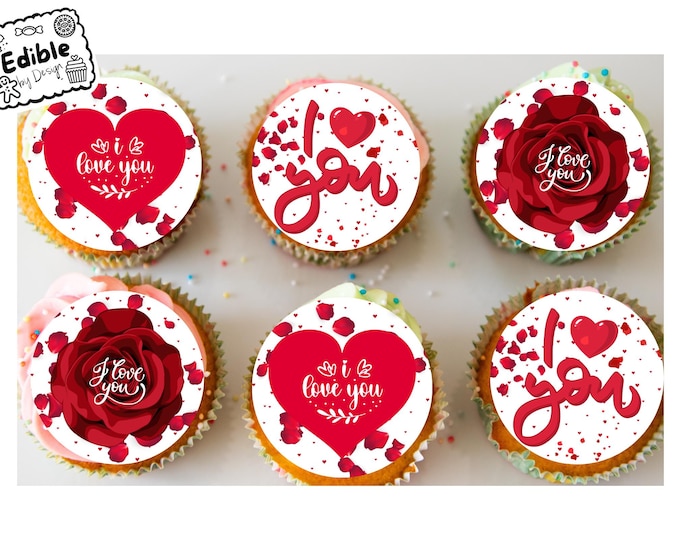 I Love You Valentines Red Rose Cupcake Toppers Edible Ink on Icing or Wafer