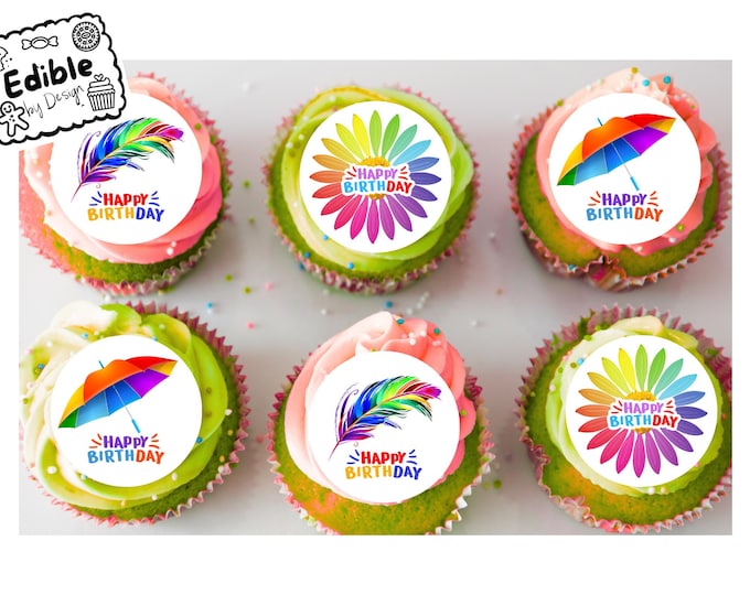 Bright Rainbow Birthday 2" Cupcake Toppers x 15 Edible Circles printed with edible ink. Fun theme perfect decoration of colourful cupcakes