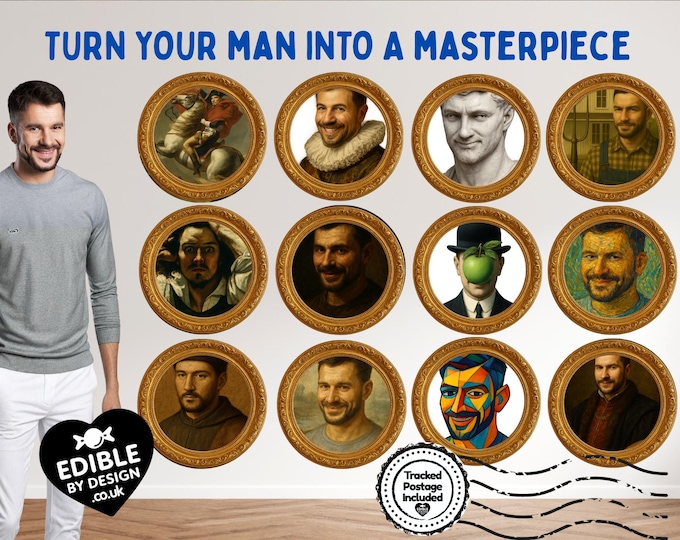 Fine Art Photo Transformation Personalised Cake Toppers: Edible Icing or Wafer, matching Stickers and Foil Balloon available