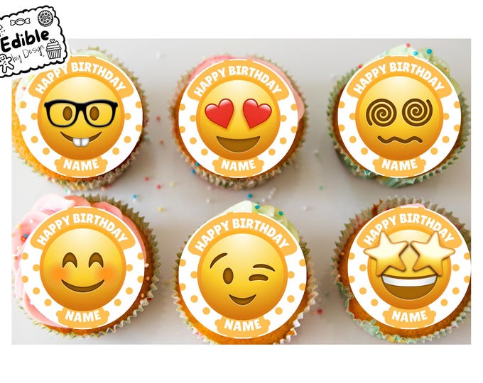 Emoji Theme Personalised Birthday Cupcake Toppers Icing or Wafer Edible Circles printed with edible ink