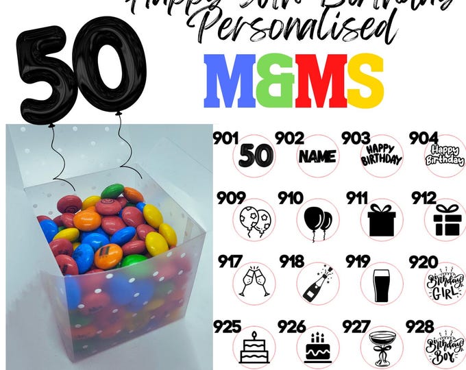 50th Birthday Chocolate M&Ms personalised with edible ink - your choice of image, logo, photo or text - Happy 50th Birthday