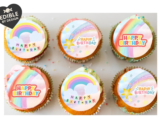 Rainbow Theme Birthday Cake Toppers matching Invitations Stickers Balloon Party Pack