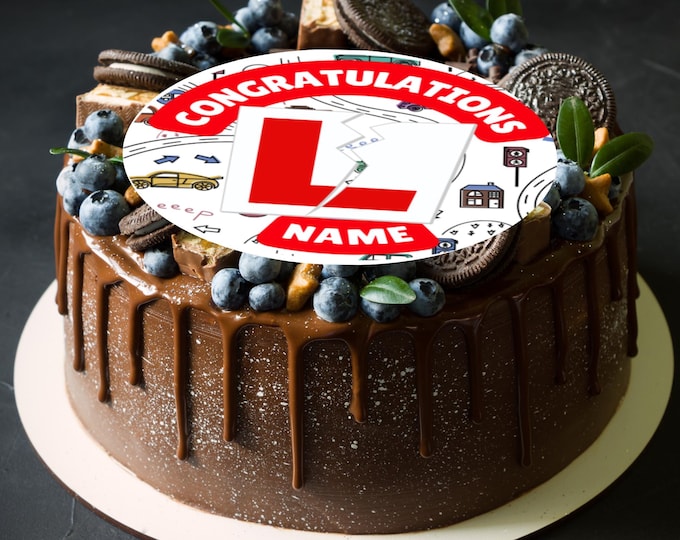 Personalised Driving Test Pass Large Round Cake Topper: Edible Icing or Wafer