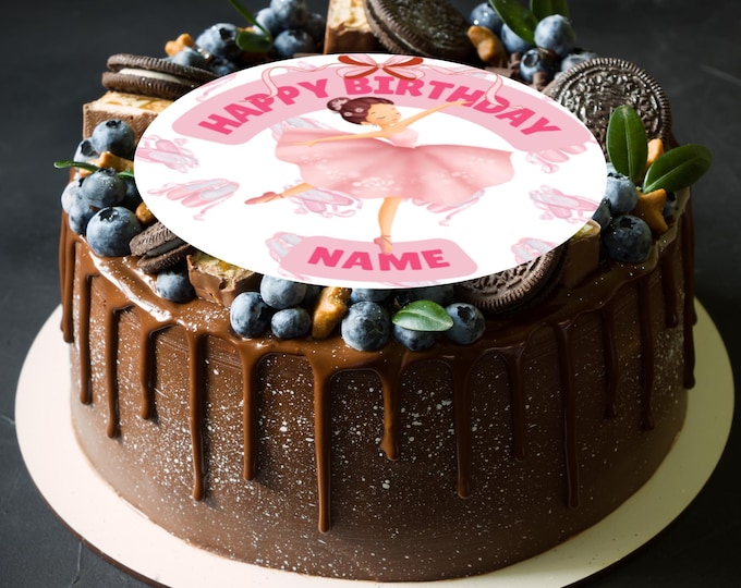 Personalised Pink Ballerina Birthday Large Round Cake Topper printed with edible ink on Icing or Wafer
