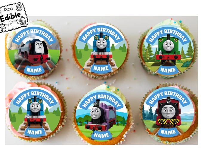 Thomas Tank Engine Theme Birthday Party Cupcake Toppers Edible Circles printed with edible ink Personalised Name Age of choice 2" 2.5" 3" 4"
