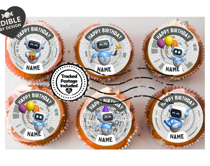 Robot Theme Birthday Cake Toppers Edible Circles Personalised Name and Age Matching Stickers Balloon Invitations Pack