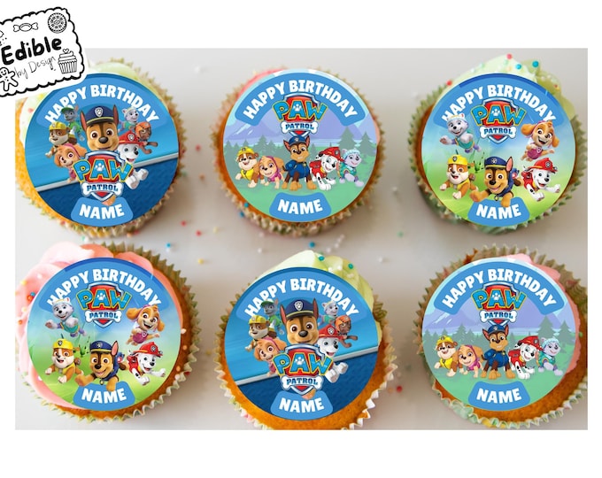 Paw Patrol Theme Birthday Party Cupcake Toppers Edible Circles printed with edible ink Personalised Name of your choice 2" 2.5" 3" 4"