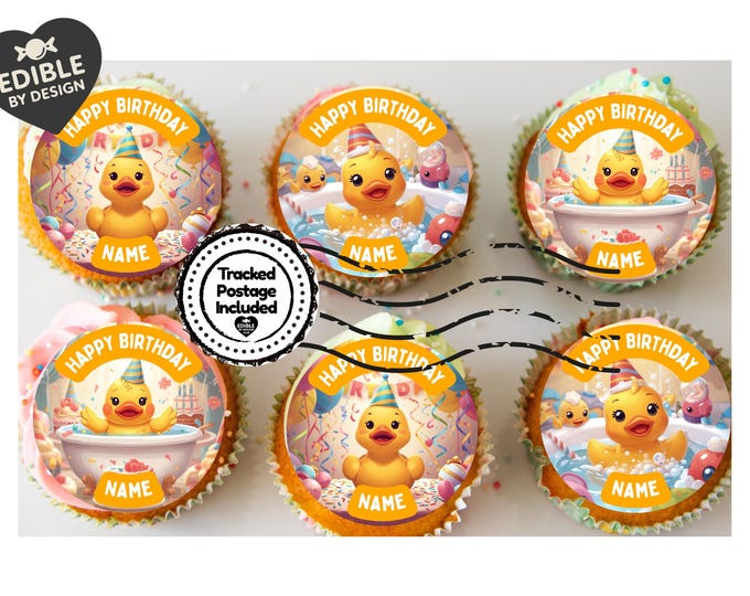 Personalised Rubber Duck Birthday Cake Toppers: Edible Icing or Wafer matching Invitations Stickers Balloon Party Pack