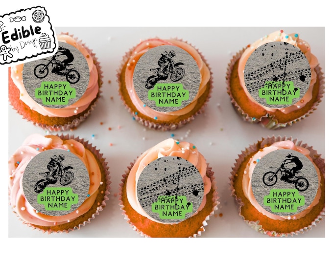 Dirt Bike Motocross Personalised Birthday 2" Cupcake Toppers x 15 Edible Circles printed with edible ink. Bike decoration cupcakes
