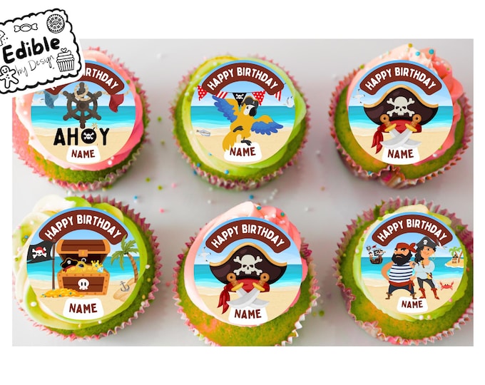 Pirate Theme Birthday 2" Cupcake Toppers x 15 Edible Circles printed with edible ink Personalised with Name of your choice Pirate Party