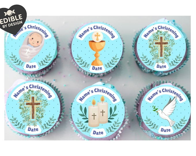 Christening Cake Toppers Baby Boy Blue Personalised with Name and date matching Invitations Stickers Balloon & Party Pack