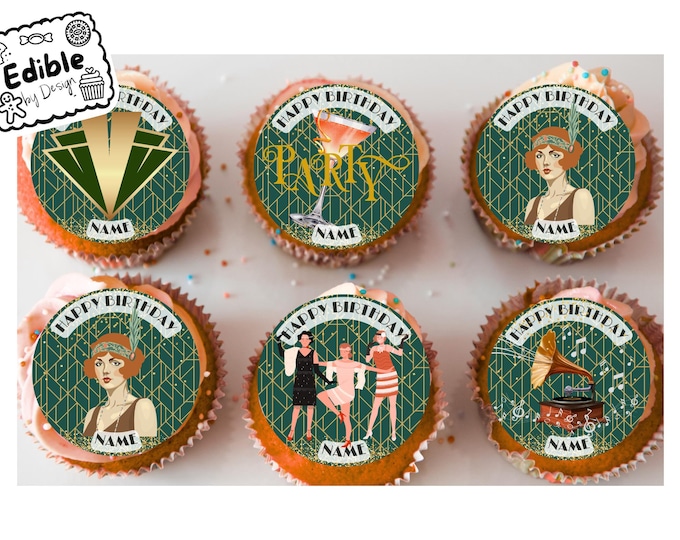 The Great Gatsby 1920 Theme Birthday Personalised Cupcake Toppers Edible Circles printed with edible ink. 1920s decoration cupcakes 2" 3" 4"