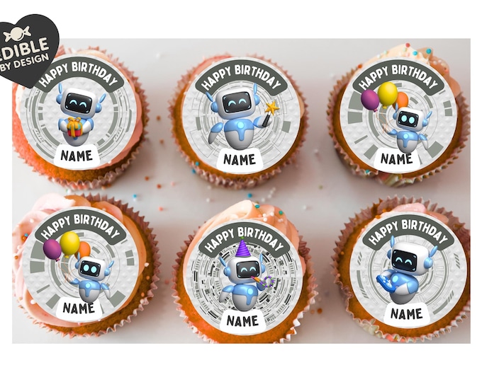 Robot Theme Birthday Cake Toppers Edible Circles Personalised Name and Age Matching Stickers Balloon Invitations Pack