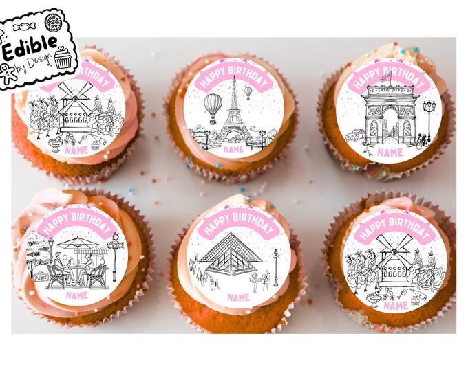 Pink Paris Theme Birthday 2" Cupcake Toppers x 15 Edible Circles printed with edible ink Personalised with Name of your choice Girls Party