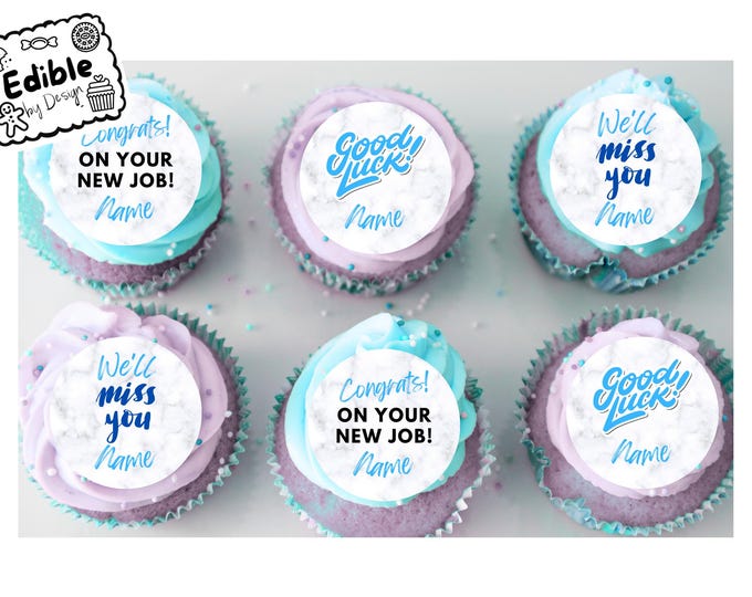 Blue Leaving Job New Job 2" Cupcake Toppers x 15 - Edible Circles printed with edible ink.  Personalised with name of your choice!