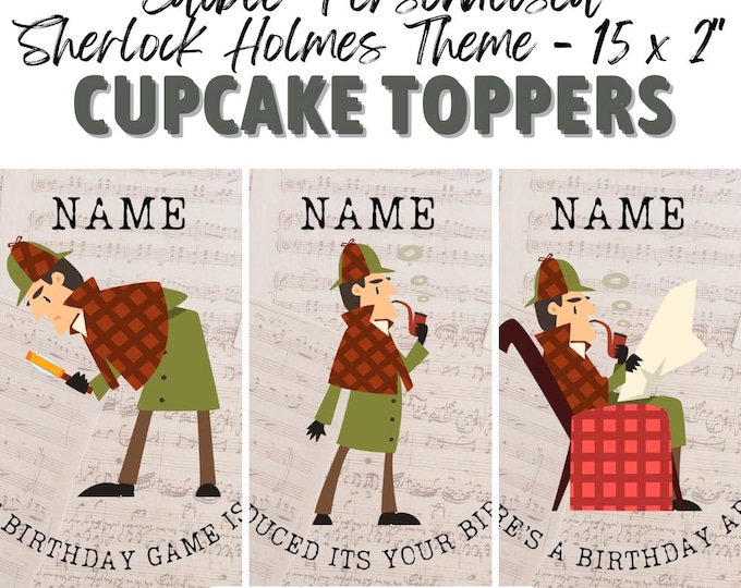 Sherlock Holmes Theme Personalised Birthday 2" Cupcake Toppers 15 Edible Circles printed edible ink. Perfect Sherlock Themed Birthday Cakes