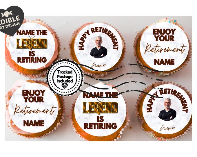 Work Retirement Cake Toppers Edible Circles Personalised Name & Photo Matching Balloon available