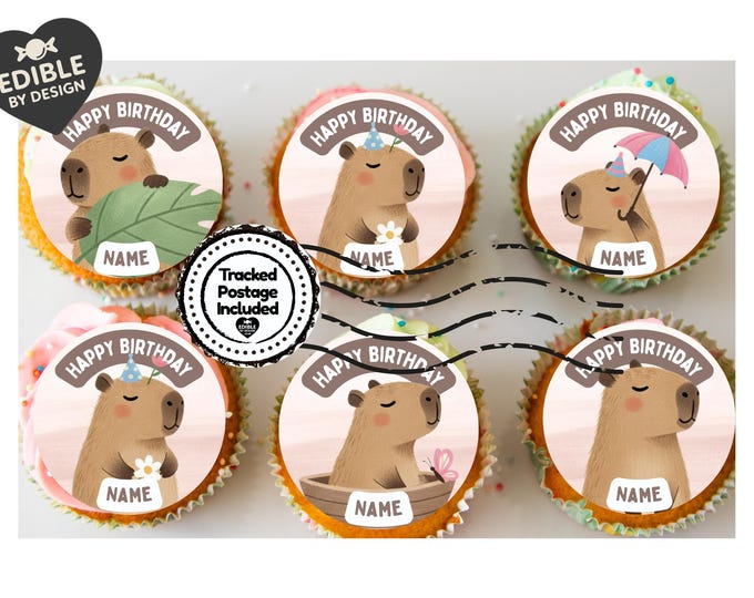 Personalised Capybara Cupcake Toppers: Edible Icing or Wafer matching Invitations Stickers Balloon Party Pack
