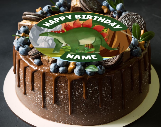Personalised Dinosaur Birthday Large Round Cake Topper: Edible Icing or Wafer