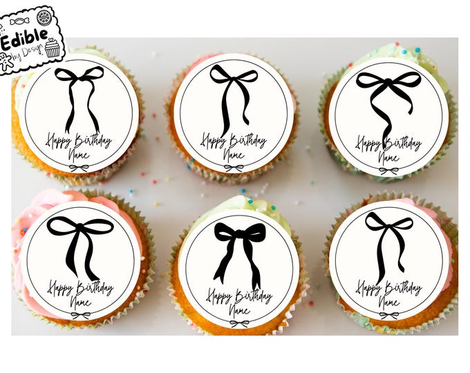 Personalised Birthday Cupcake Toppers: Black Ribbon Bow Designs, Edible Ink on Icing or Wafer