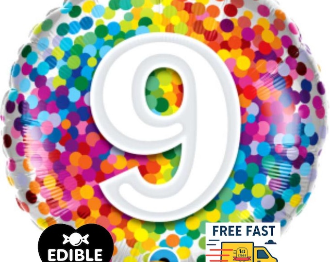 Rainbow Confetti Foil Number 9 Balloon - Qualatex - 18" round Balloon for Helium or Air